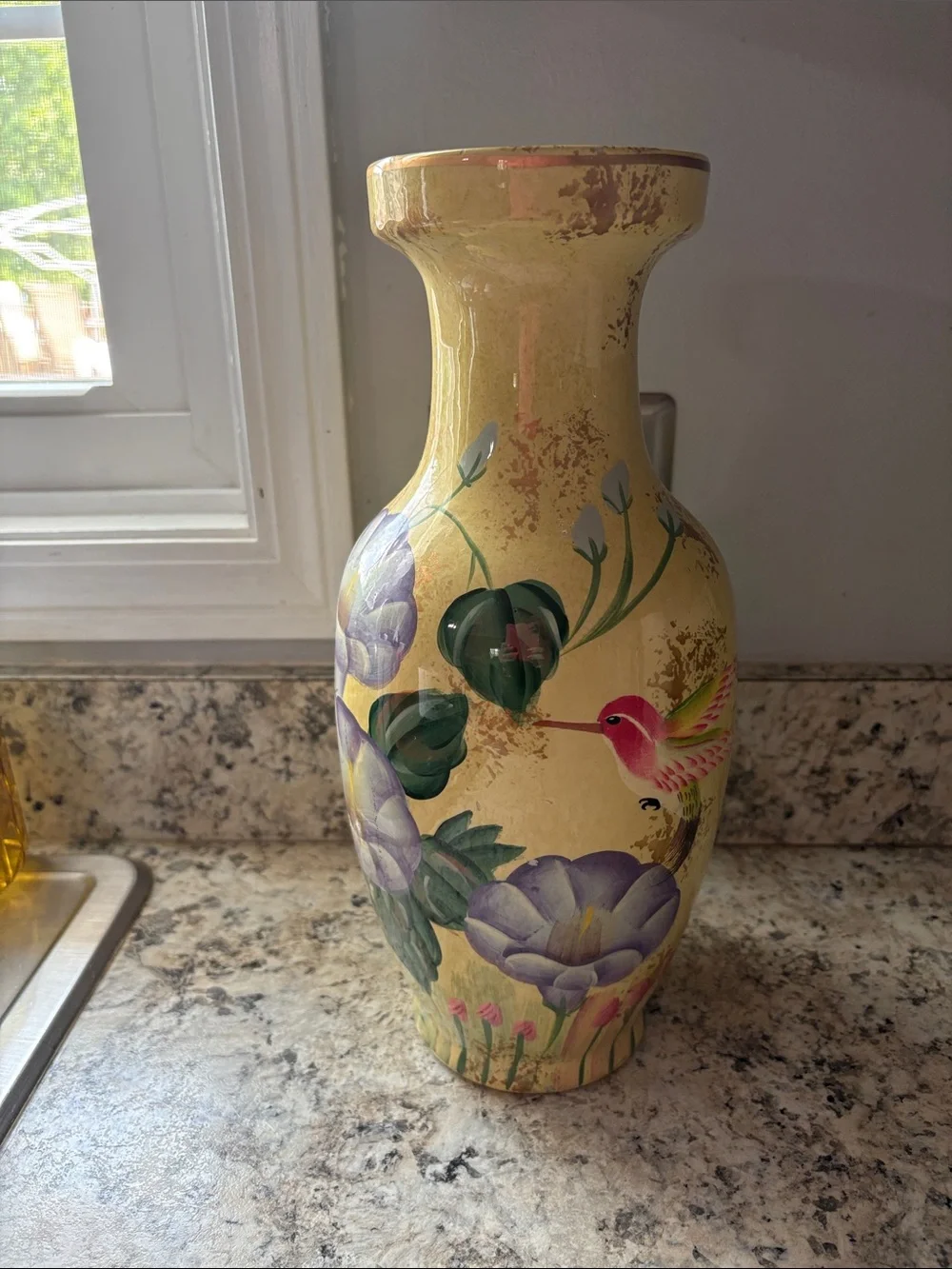 Hand-Painted Floral Ceramic Vase in Yellow with Purple Flowers